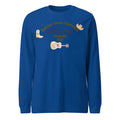 Men's loose blue polyester sweater with printed letter patterns, round neck, casual pullover style