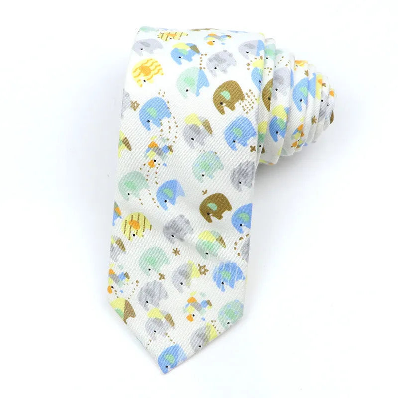 Narrow cotton bow tie with Korean-style cartoon patterns in multiple colour options
