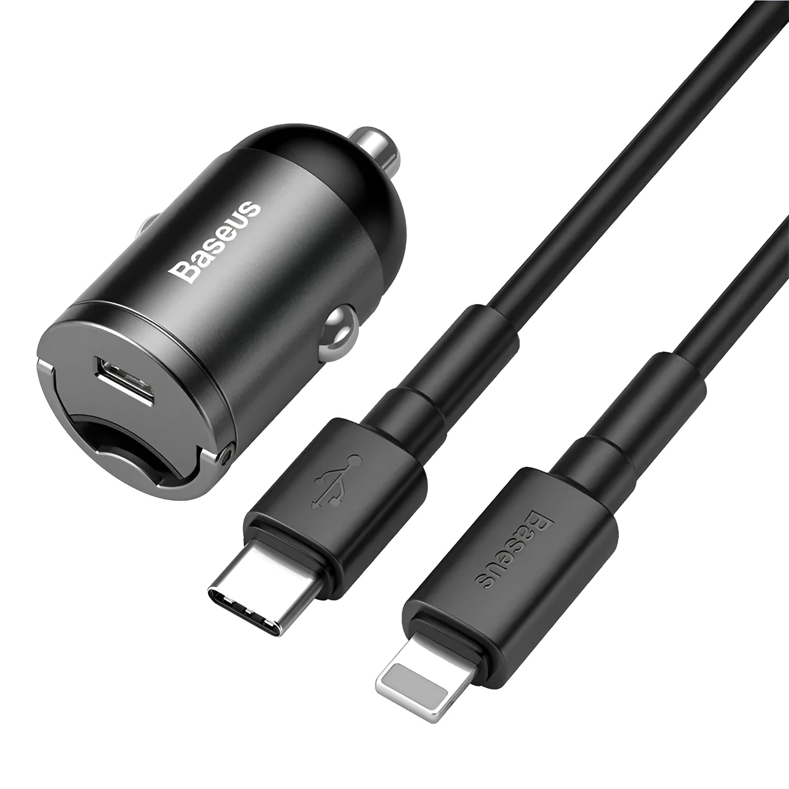 Baseus electro‑optical grey 30W mini car charger and USB cable set