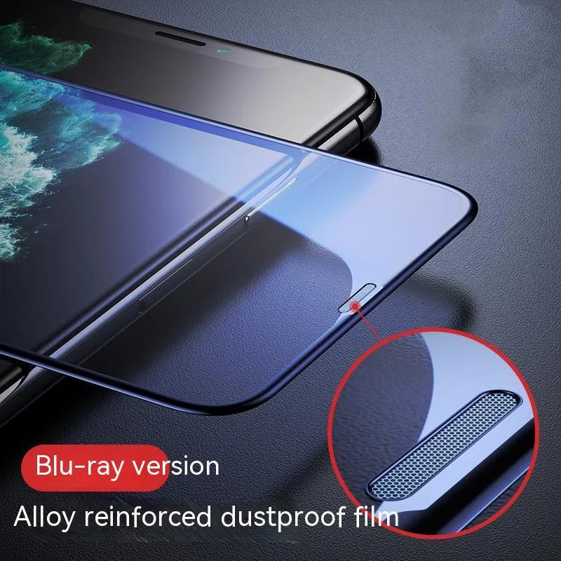 iPhone tempered glass screen protector showing anti-peeping, blue light, and dustproof colour variants