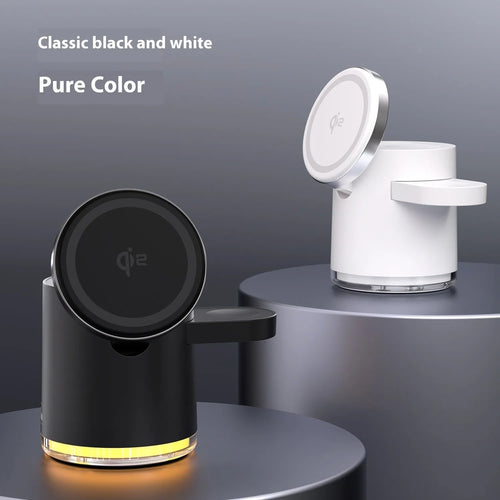 C16 ivory white and black portable magnetic three-in-one wireless folding charger for phone, watch, and earphones.