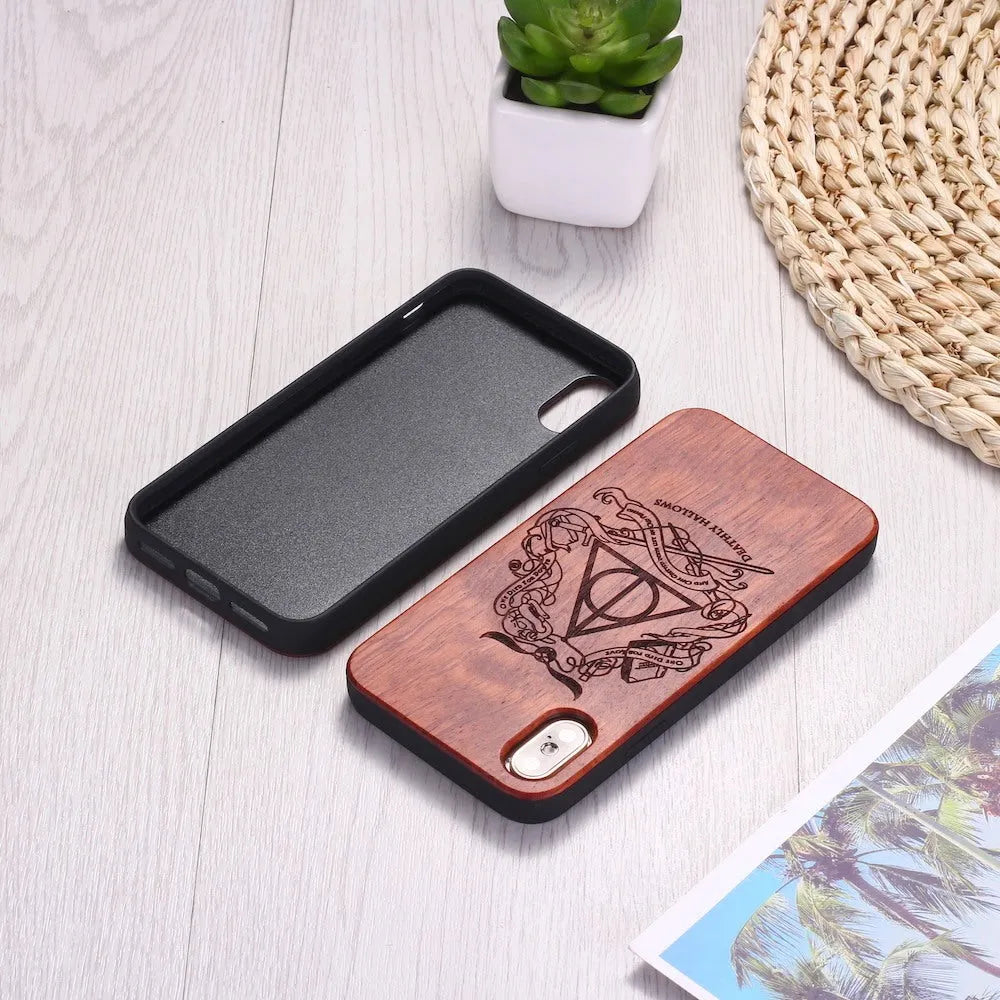 Wooden phone case with laser carved pattern in cherry wood finish for iPhone