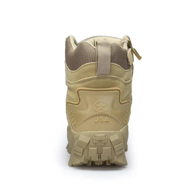 Men's black tactical boots with rubber sole for hiking and outdoor activities.
