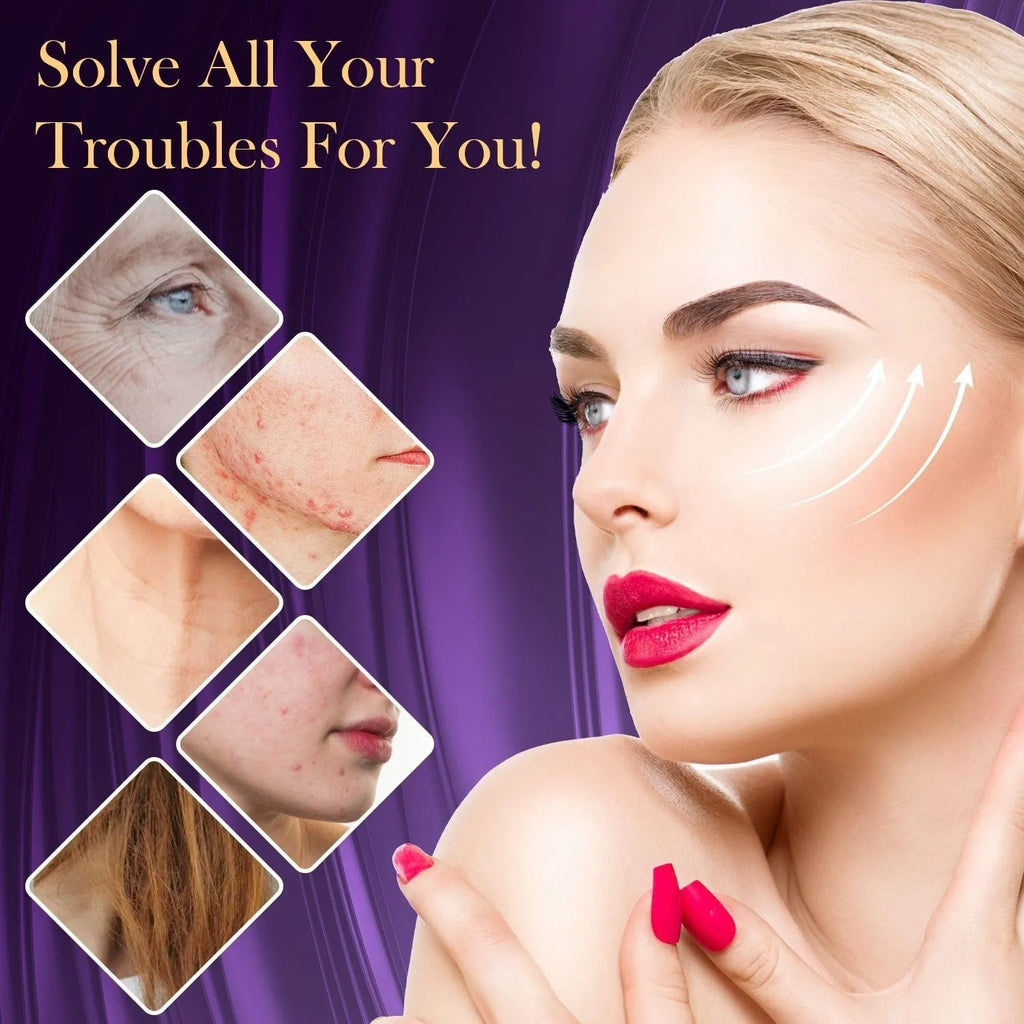 Purple high-frequency electrotherapy rod with six accessory heads for professional skin treatments