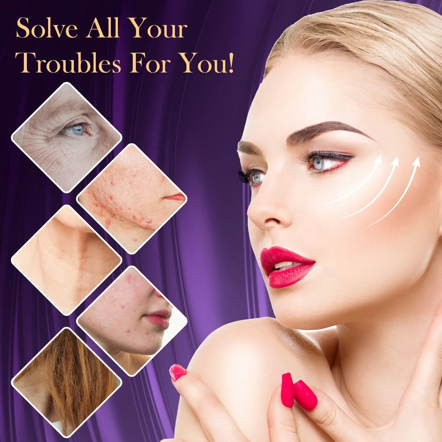Purple high-frequency electrotherapy rod with six accessory heads for professional skin treatments