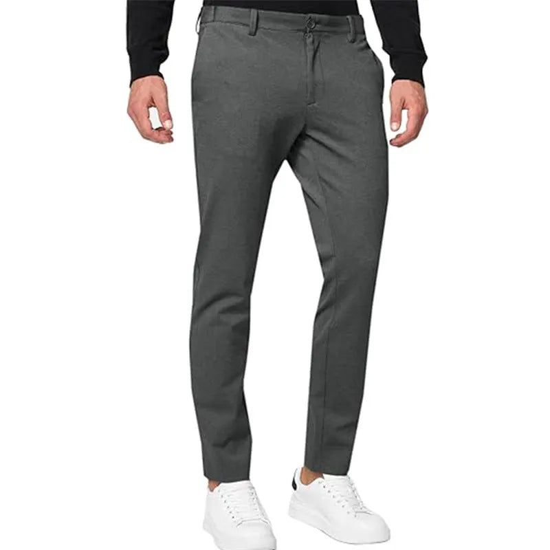 Men's tapered chino trousers in black stretch cotton blend fabric with zip fly and slim-fit silhouette