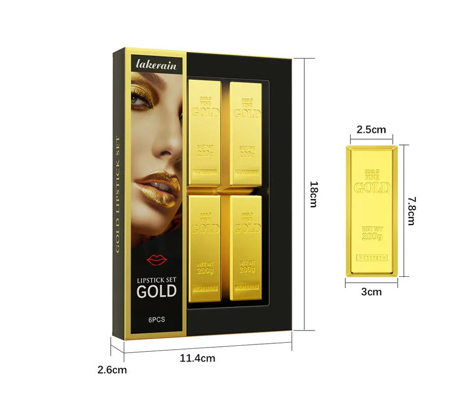 Gold brick lipstick kit set of 6 full coverage lipsticks in gold brick tube design