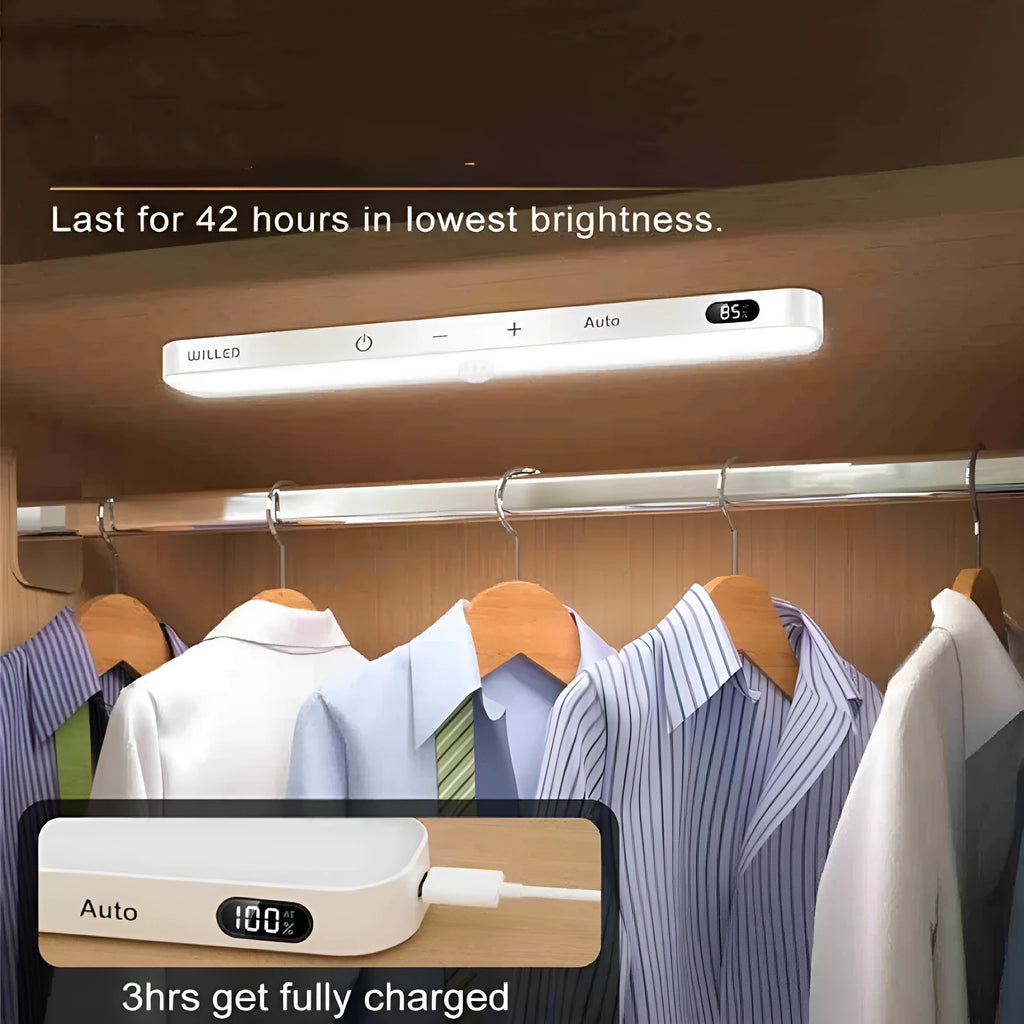 White motion sensor cabinet light with battery display screen, adjustable length 1m to 5m