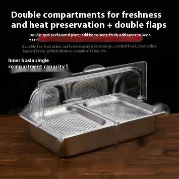 Stainless steel commercial dining plate display box with lid showing multiple grid configuration options