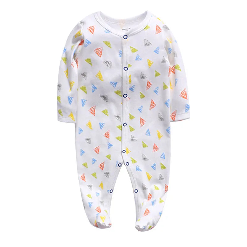 Soft cotton baby one-piece bodysuit in blue and green dinosaur print, size 6M, front view on white background