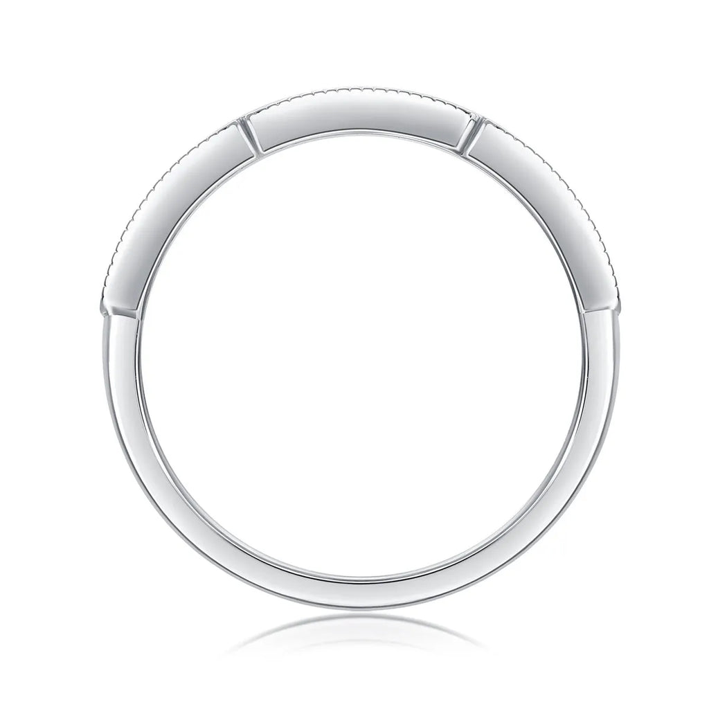 Moissanite wedding ring set in S925 silver with platinum plating, shown in golden, platinum, and rose gold finishes, sizes 5 to 9, with gift box and GRA certificate