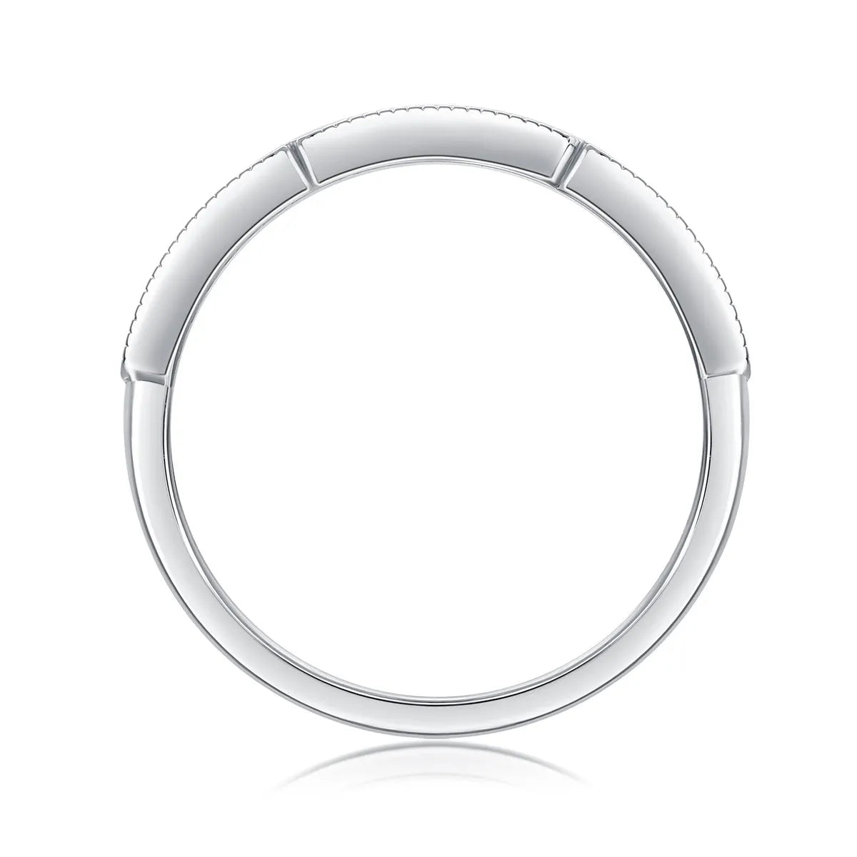 Moissanite wedding ring set in S925 silver with platinum plating, shown in golden, platinum, and rose gold finishes, sizes 5 to 9, with gift box and GRA certificate