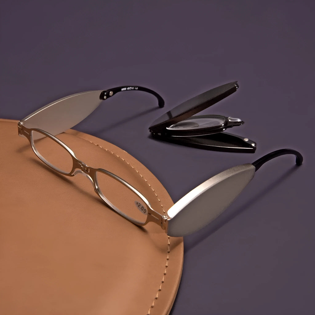 Folding presbyopic reading glasses in black frame shown open and folded with protective case