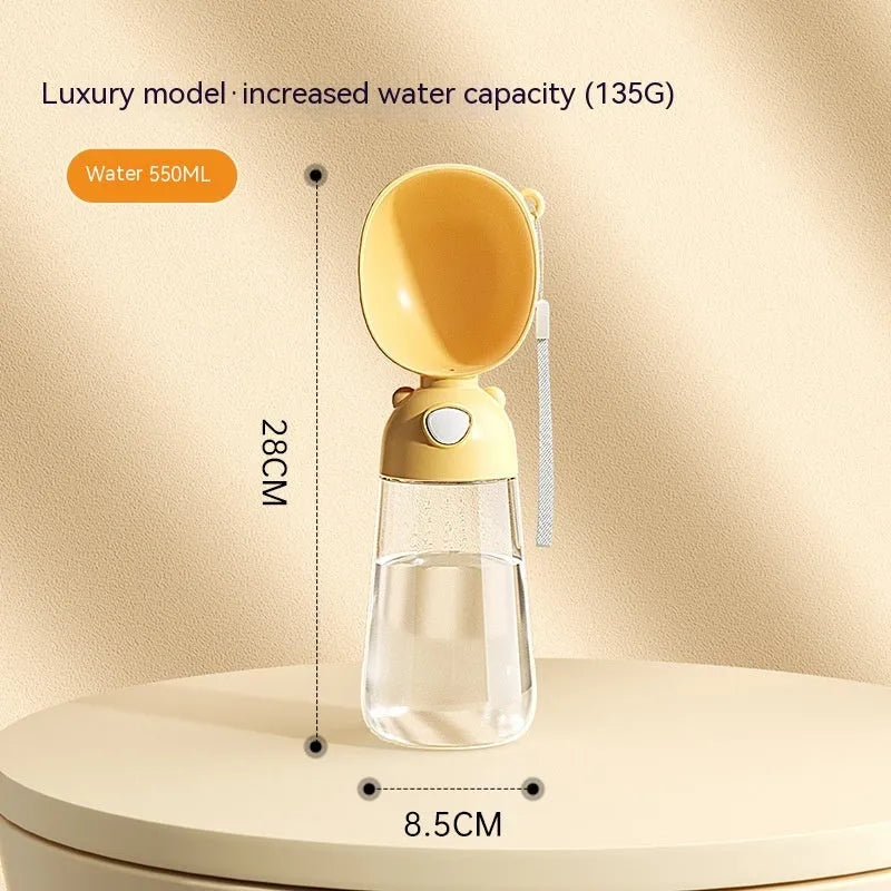 Portable plastic dog water bottle with an attached drinking bowl in yellow, pink, or brown.