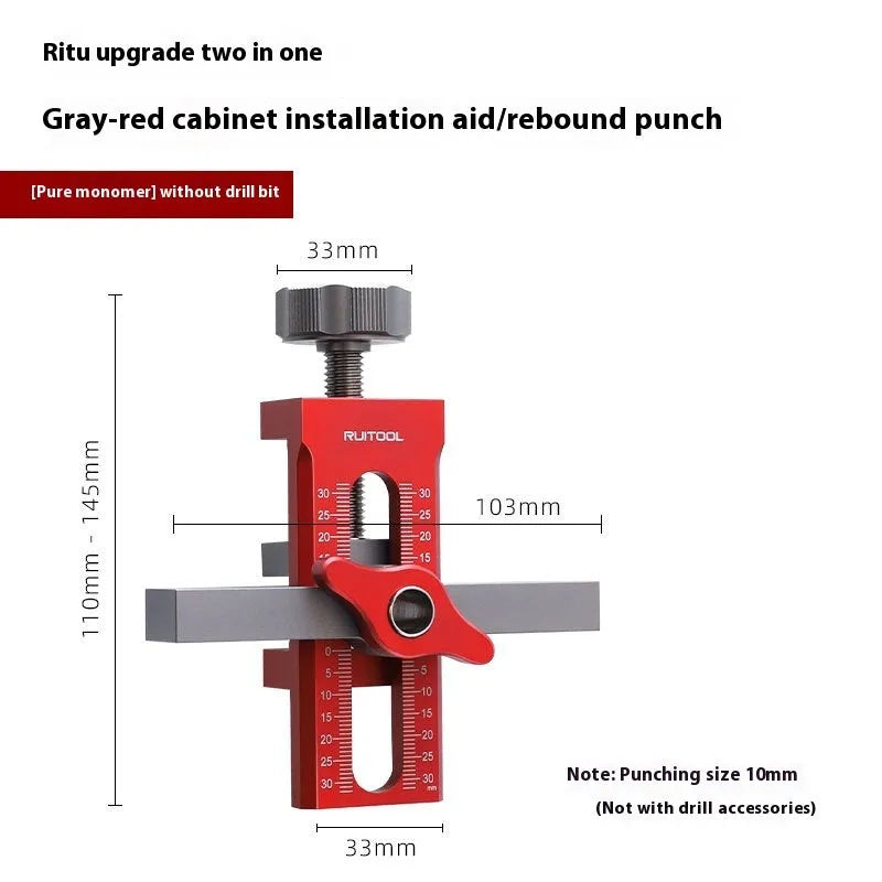 Aluminium alloy cabinet door installation aid tool for woodworking with 10mm drill bit.