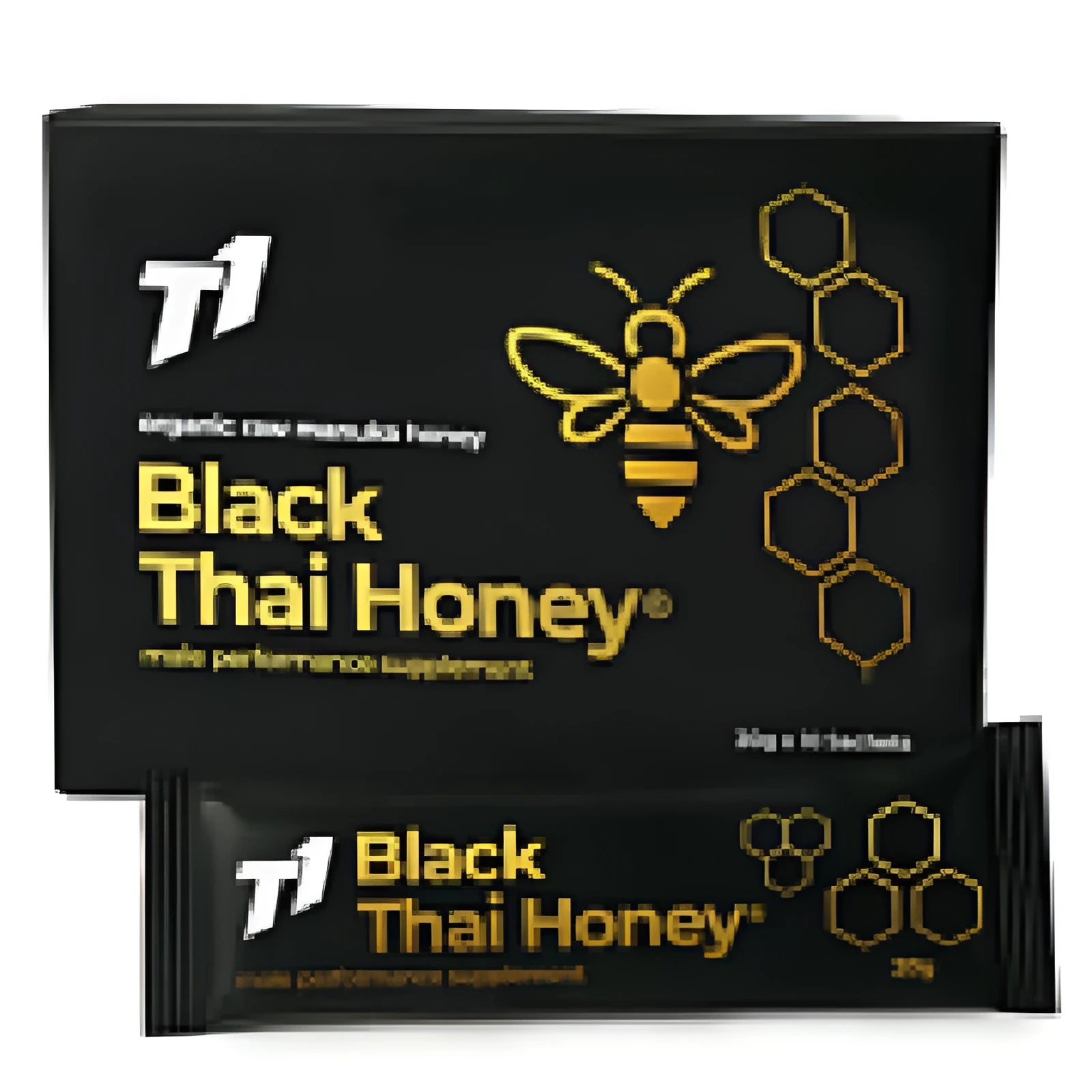 A 300g jar of dark black Thai honey labelled T1, shown with a honey dipper.