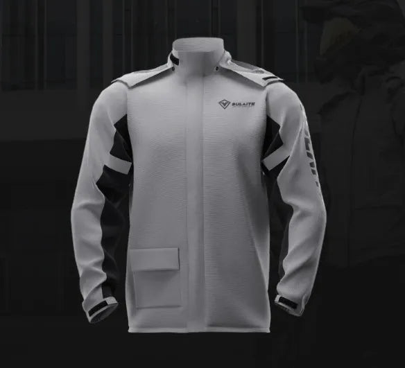 Adult motorcycle rain suit set in black, including raincoat, rain trousers, hidden shoe covers, and a storage bag.