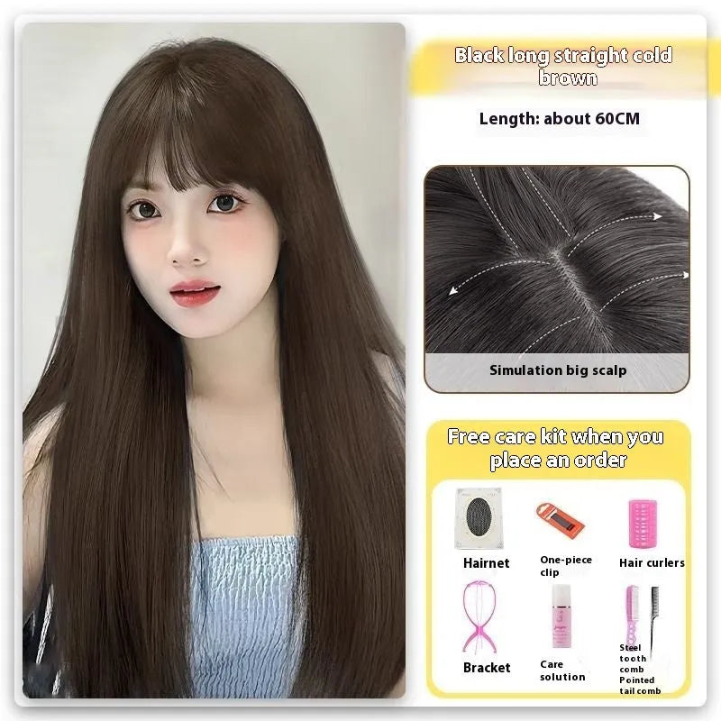 Forehead lace long straight synthetic wig with side bangs in dark brown colour