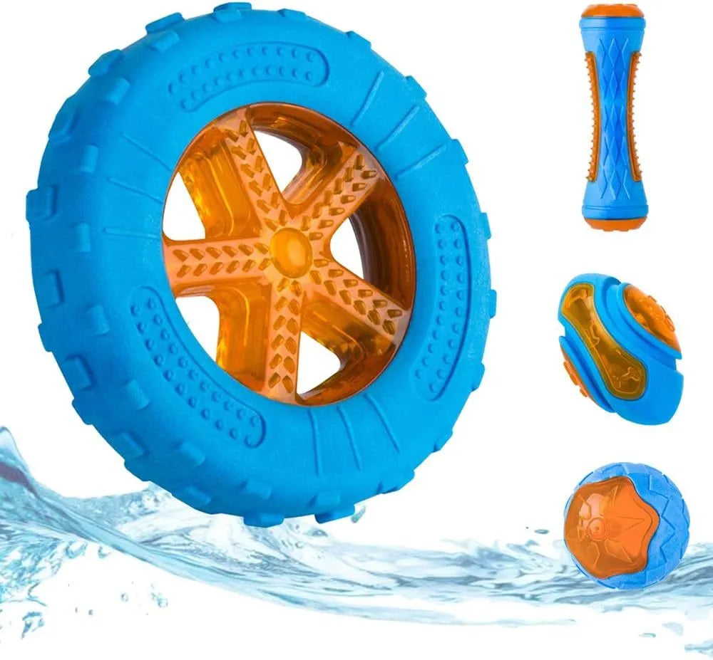 Set of three TPR dog toys: a squeaky ball, barbell, and floating tyre for pool fetch play