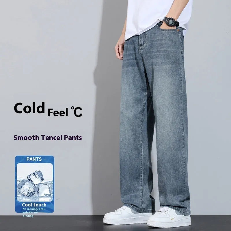 Lightweight ice silk denim straight-leg trousers in vintage blue with a zip-fly opening.
