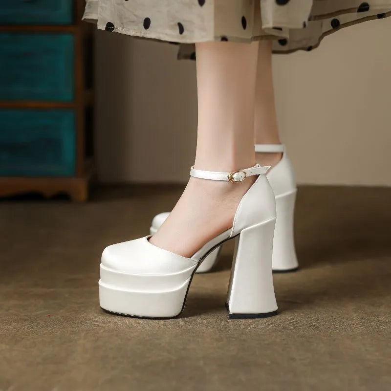 Women's white waterproof platform pumps with chunky 6-8cm heels and round toe design