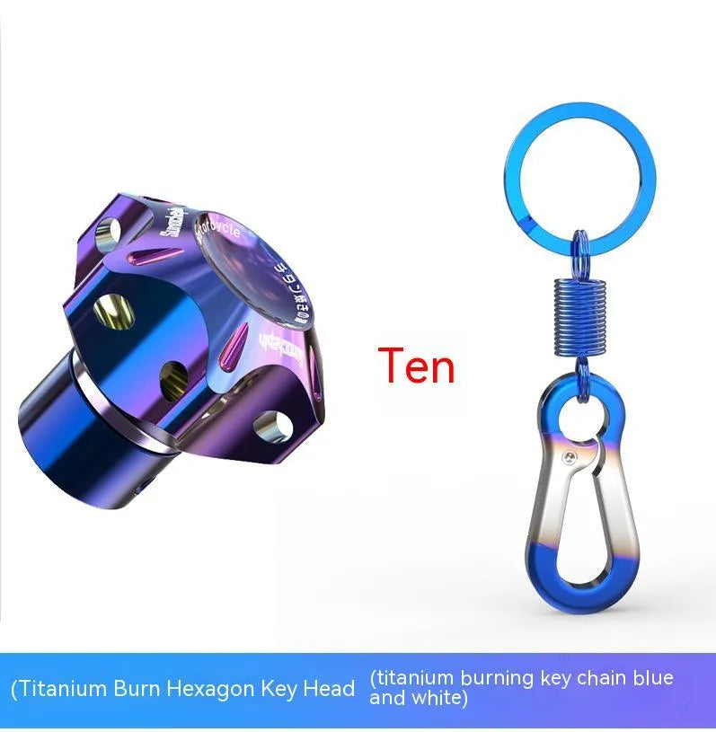 Motorcycle key head cover in T6 aluminium alloy showing hexagonal, pentagram, and plum blossom design options.