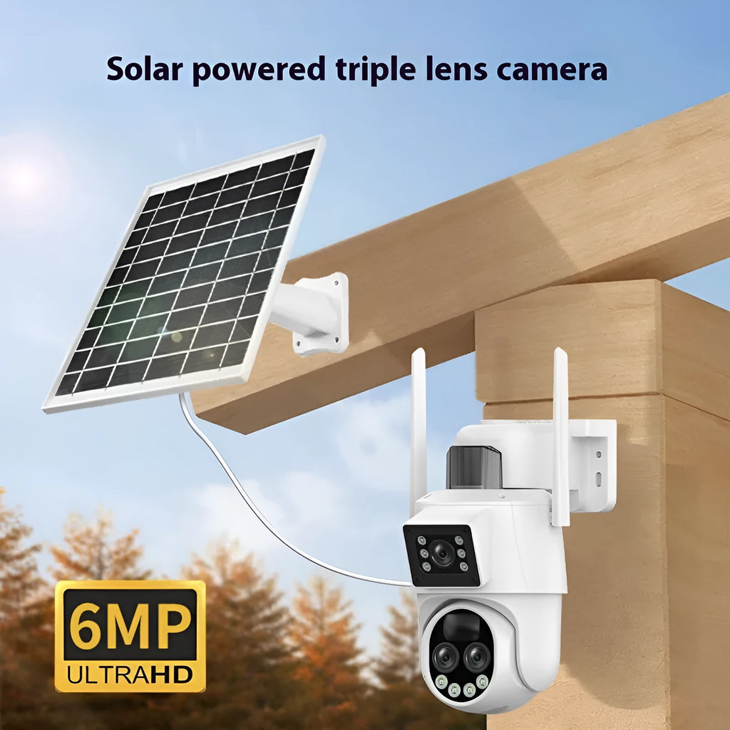 White Q39 outdoor remote wireless security camera with solar panel, 10x zoom, 6MP and Full Colour Night Vision