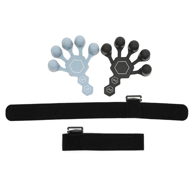 Grey silicone hand trainer brace with 5-finger design for adult rehabilitation and strength training
