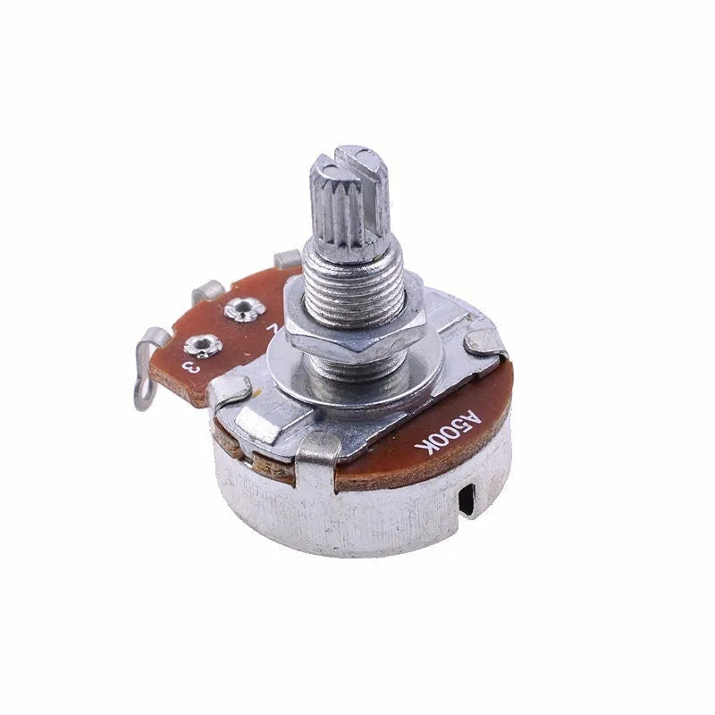 A single metal electric guitar control knob for potentiometers, shown with selection options for 250K or 500K resistance for tone or volume.