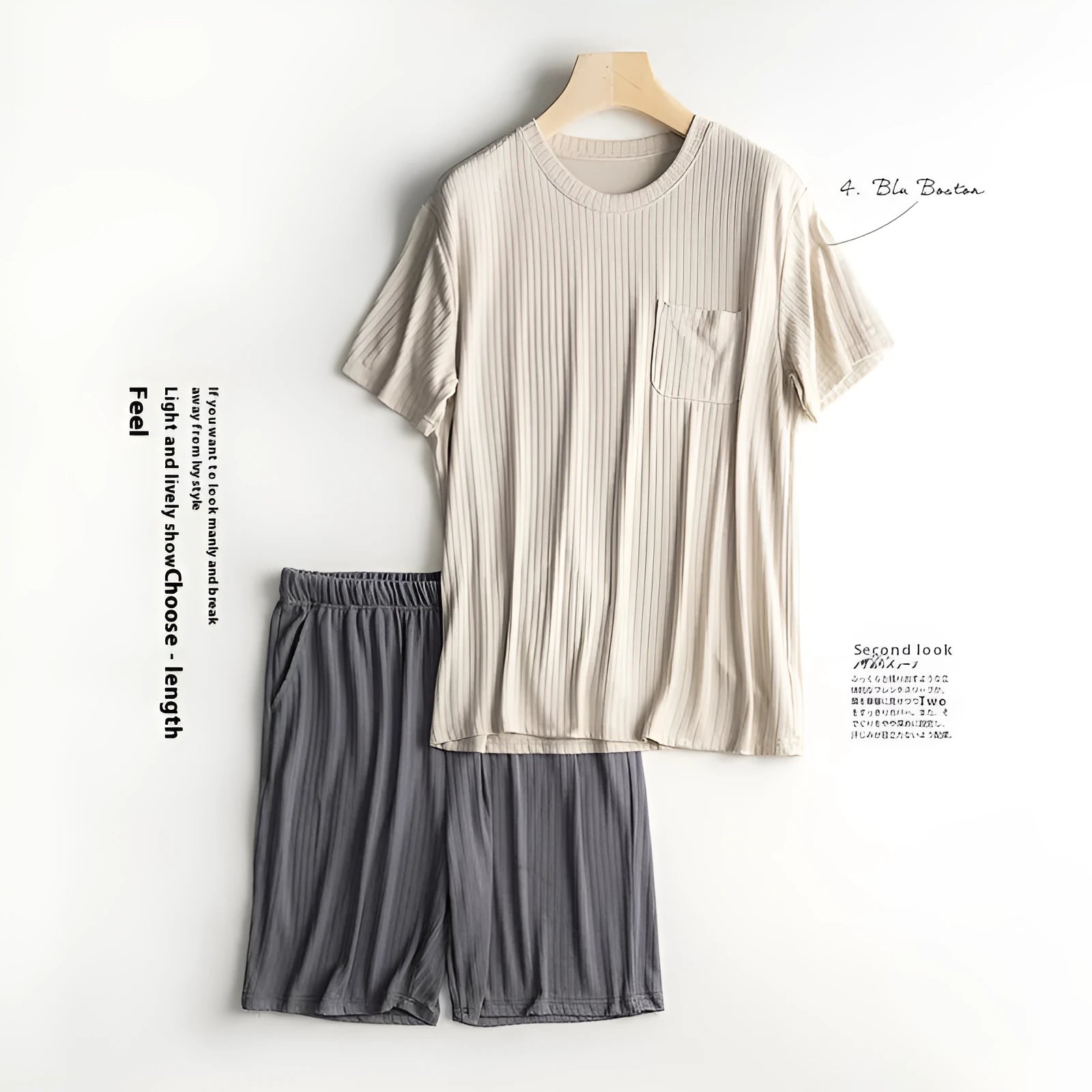Men's thin polyester summer home wear suit with short sleeve T-shirt and matching shorts in oatmeal and deep gray colour combination