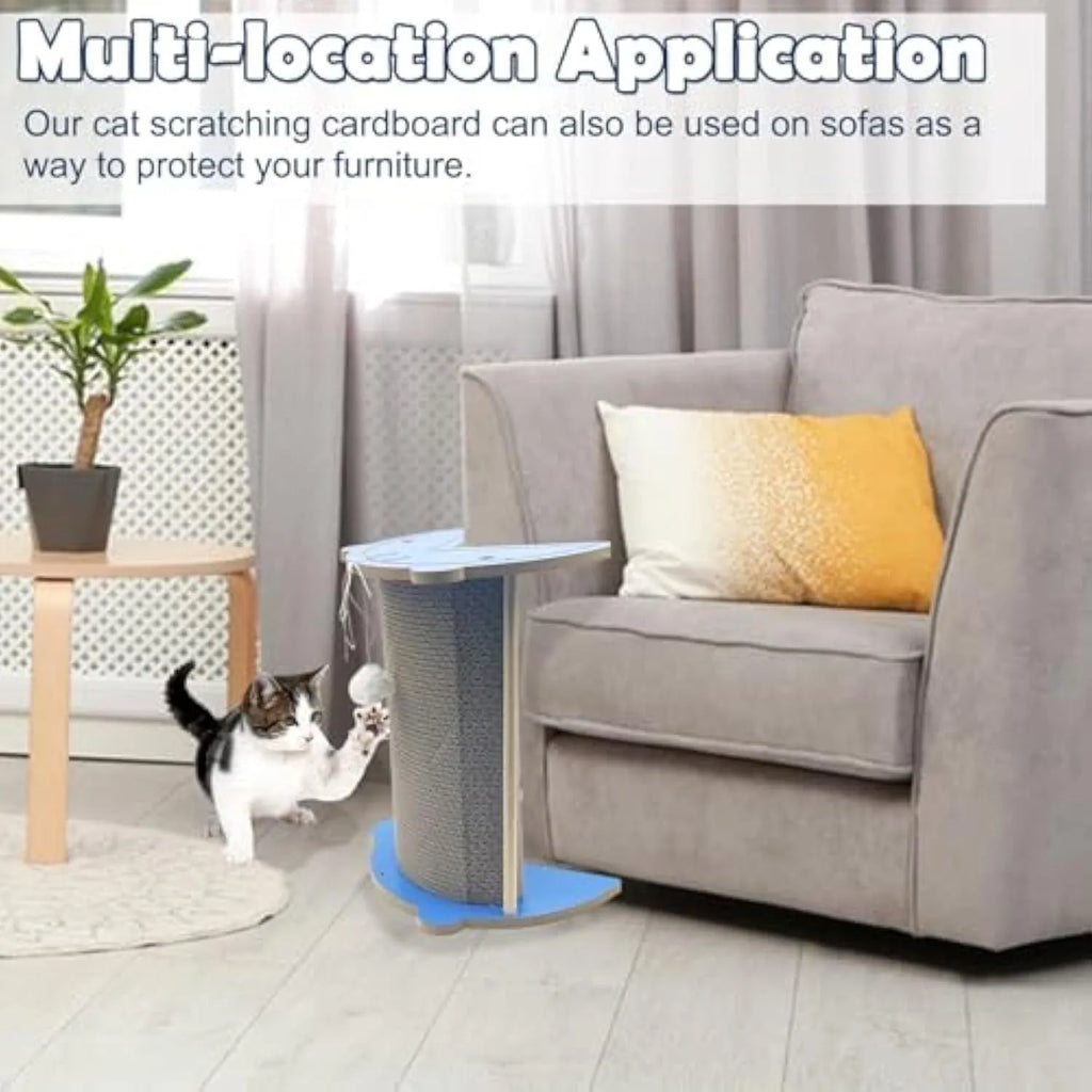 Corner-fitting cardboard cat scratching pad with a dangling ball toy.