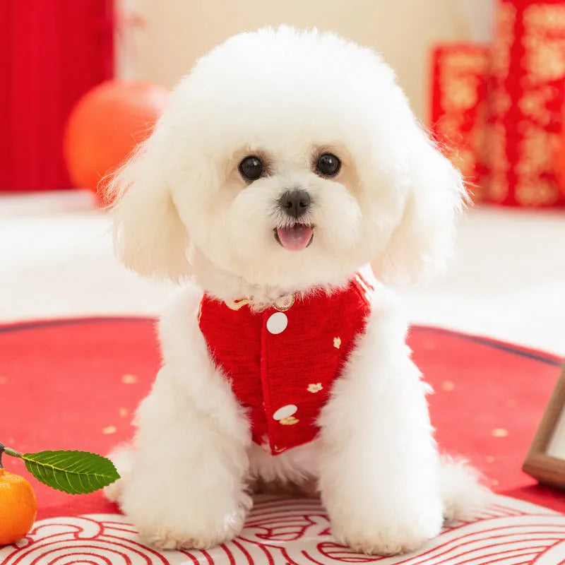 Red embroidered Tang suit for small dog with faux fur trim and tassels