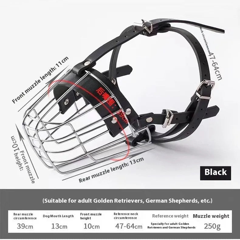 Black metal basket dog muzzle for large breeds, shown on a table with adjustable strap and buckle.