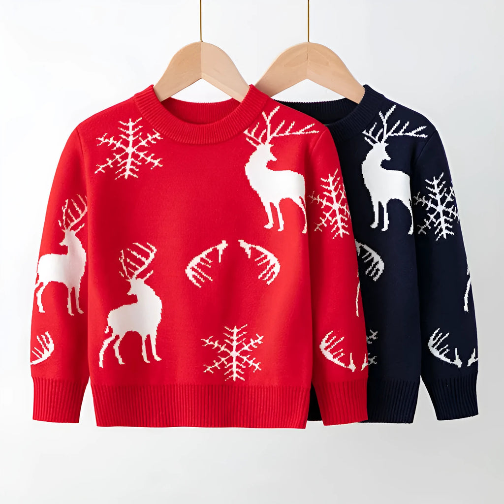 Viscose cotton knitted Christmas sweater for children, unisex, long sleeve round neck, available in red and navy blue