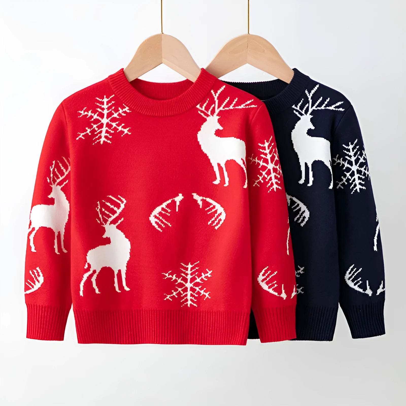 Viscose cotton knitted Christmas sweater for children, unisex, long sleeve round neck, available in red and navy blue