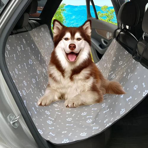 Car pet mat for rear seats in water resistant cloth with dog footprint design protecting vehicle upholstery