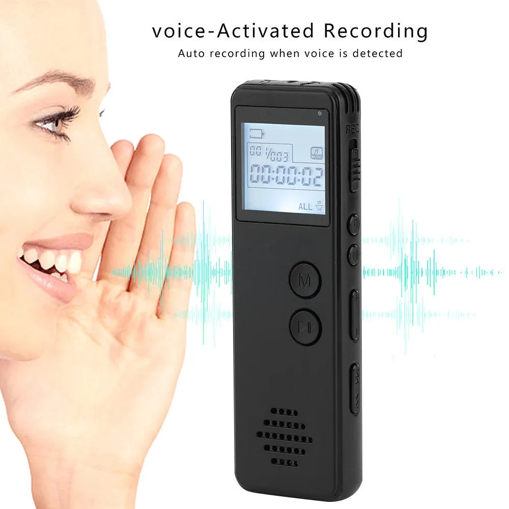 Black matte-finish digital voice recorder showing dot-matrix screen, record button, and USB port.