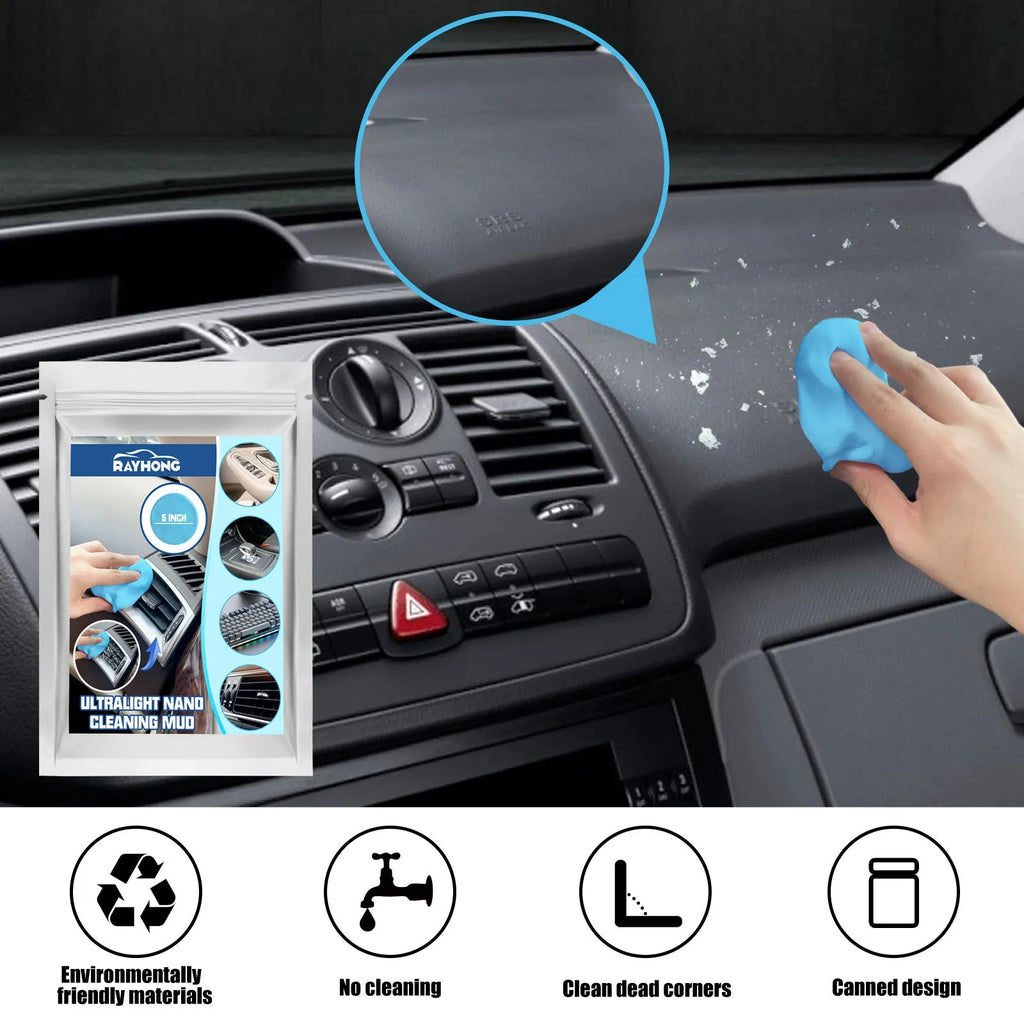 A block of grey car interior cleaning mud, 15cm by 10cm, for dust removal from vents and gaps.