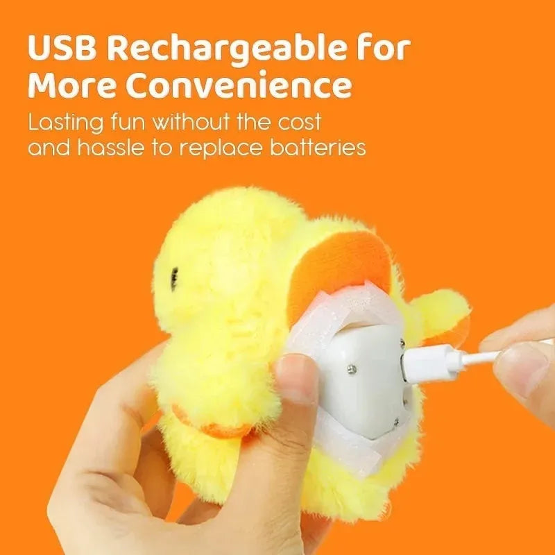 Yellow chick-shaped flapping duck cat toy with USB charging cable