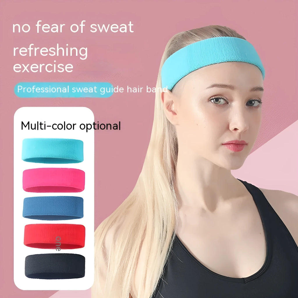 Solid colour elastic widening sports sweatband for fitness in black, red, blue, rose red, or sky blue.