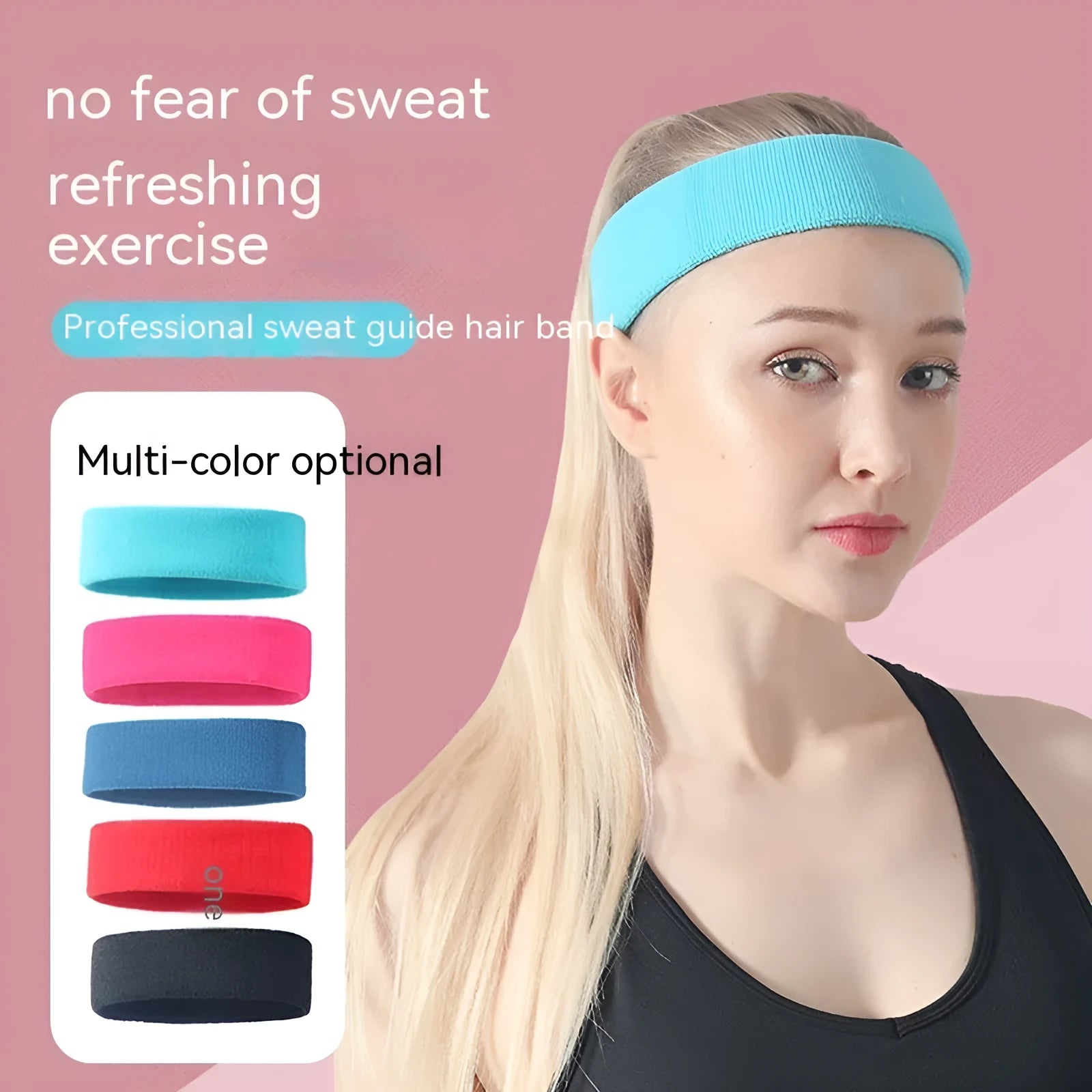 Solid colour elastic widening sports sweatband for fitness in black, red, blue, rose red, or sky blue.