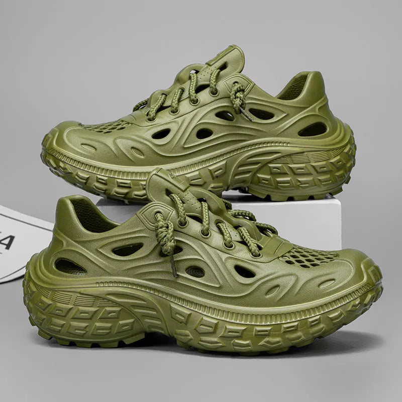 Men's thick-soled EVA sandals in army green with a hole pattern and covered heel
