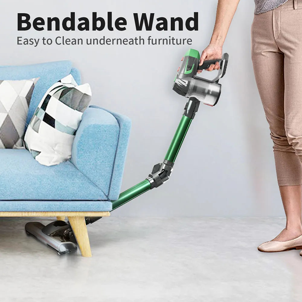 Green handheld wireless vacuum cleaner with foldable tube, 0.5L dust cup, HEPA filter, two-speed suction