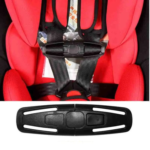 Black nylon seat belt buckle clip for child car seats measuring 14.5 by 4 centimetres