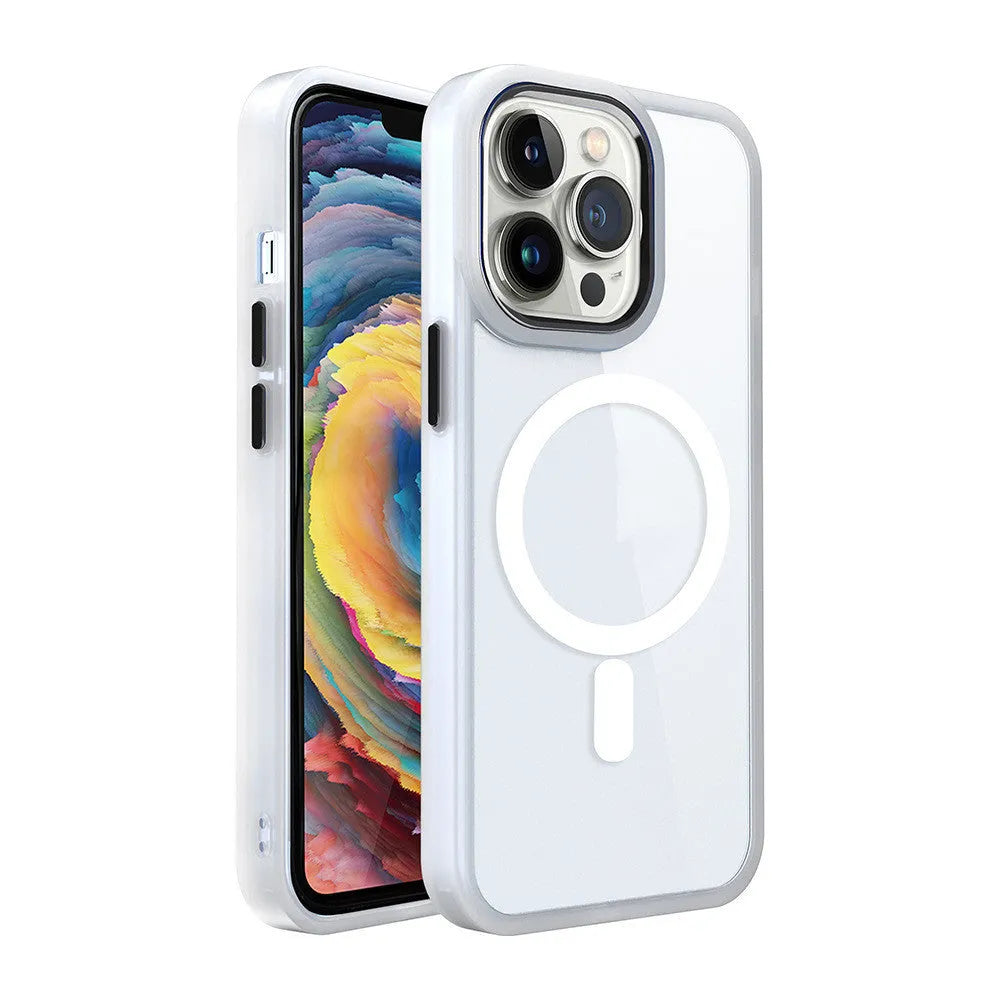 Transparent magnetic silicone phone case for iPhone showing colour options and MagSafe compatibility.