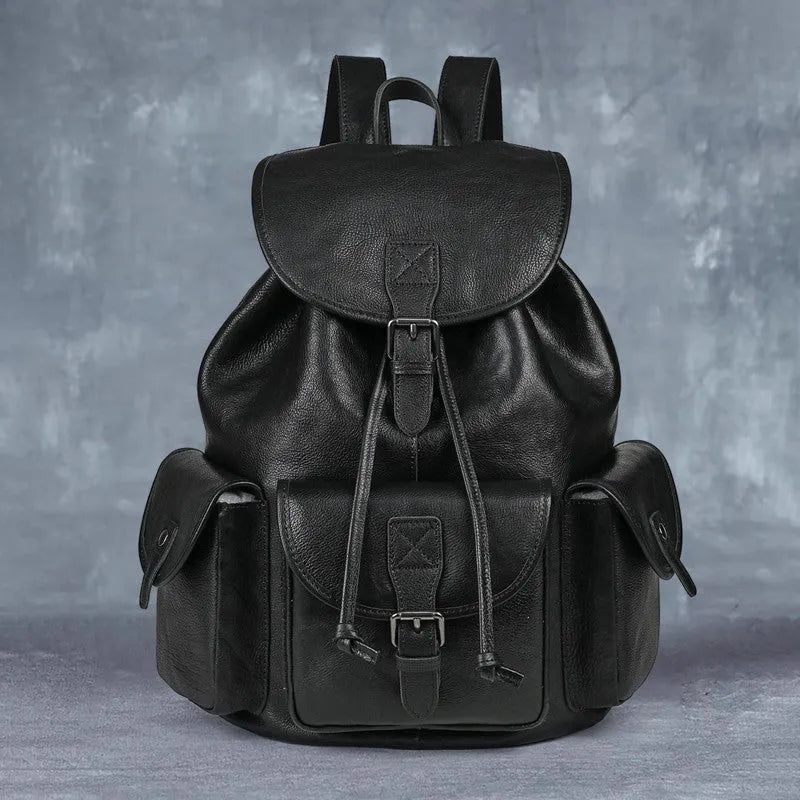 Genuine leather retro backpack for men in light brown with geometric pattern and contrast stitching