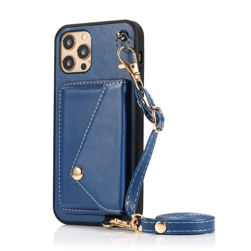 Embossed imitation leather phone case with raised card holder and detachable crossbody rope for iPhone