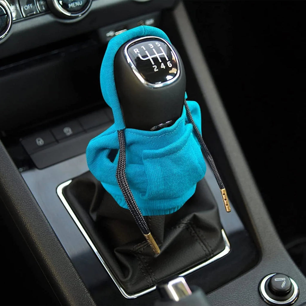 Cloth car gear shift knob cover in various colours showing 13x8cm dimensions