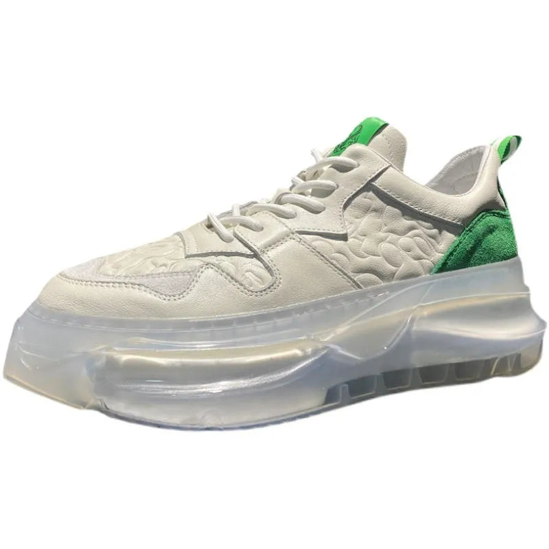 Men's white calfskin leather air cushion dad shoes with thick rubber sole and lace-up closure