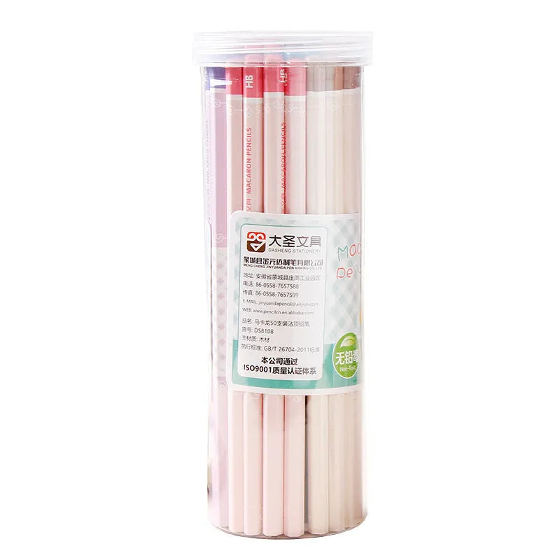 Set of 50 wooden basswood pencils with six-angled shape and HB refills.